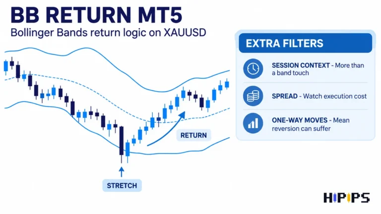 BB Return MT5 Bollinger Bands return logic on XAUUSD: price stretches outside the lower band, then returns inside, with extra filters