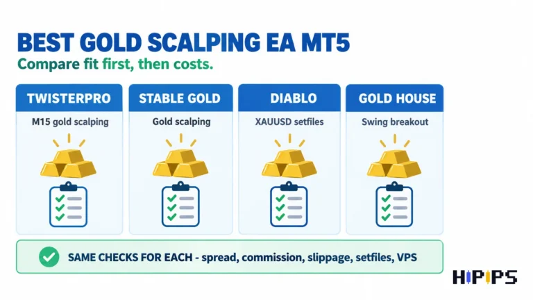 Gold scalping EA comparison: TwisterPro, Stable Gold, Diablo and Gold House by fit, with the same checks for each