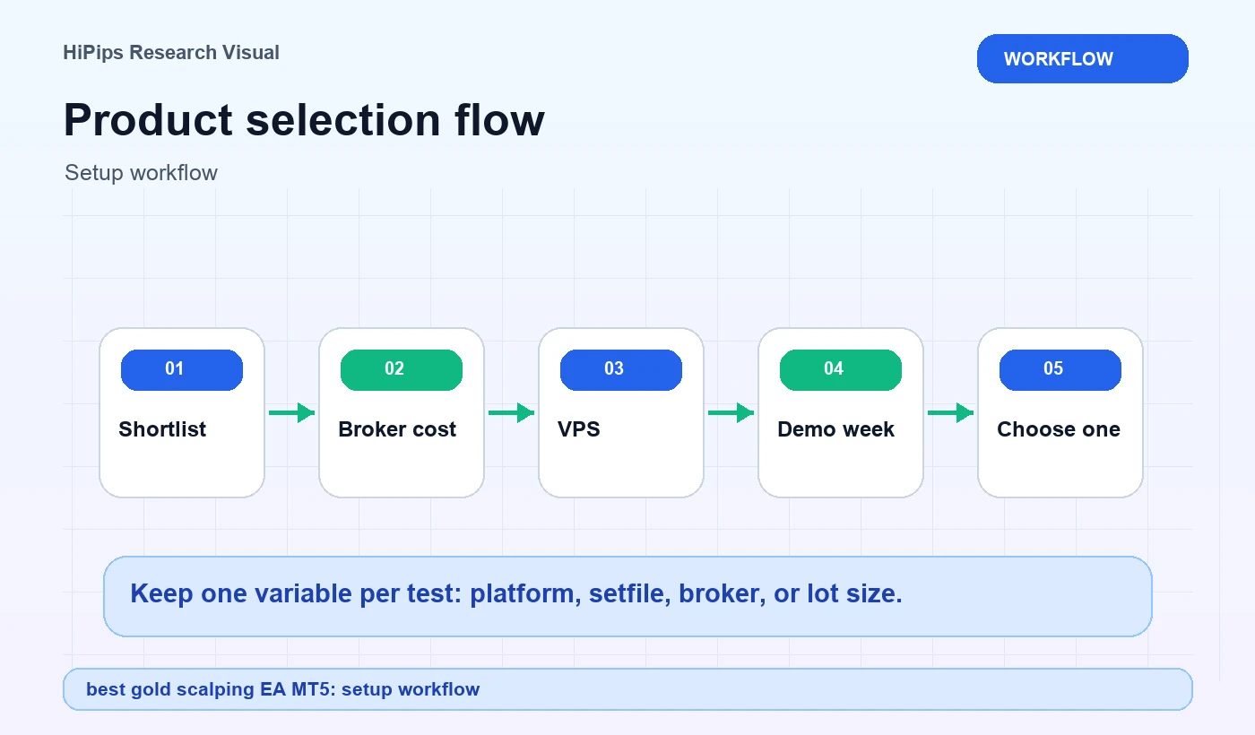 Product selection flow for best gold scalping EA MT5: setup workflow