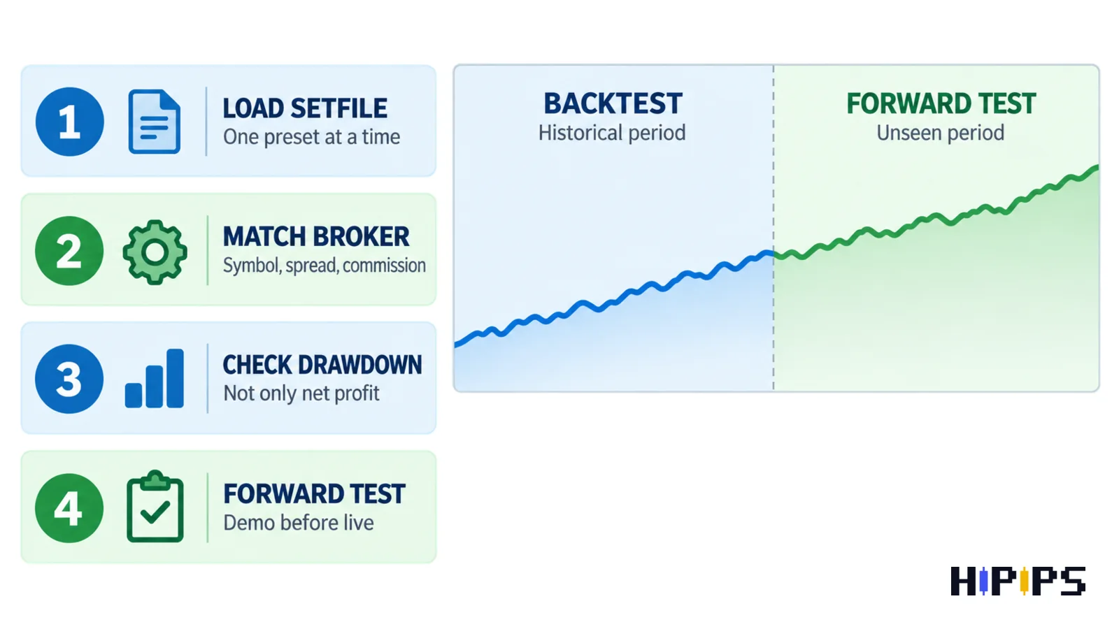 EA backtest workflow: load one setfile, match broker conditions, check drawdown, then forward test on demo after the backtest period