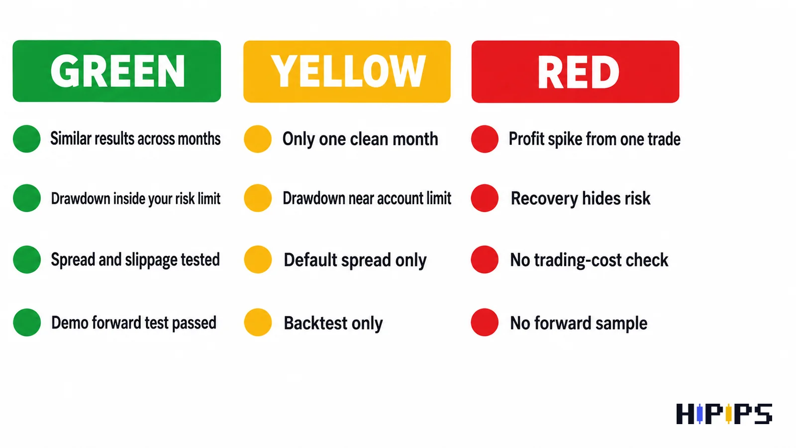 Green, yellow and red signals for judging an EA backtest: consistency, drawdown, trading costs and forward test evidence