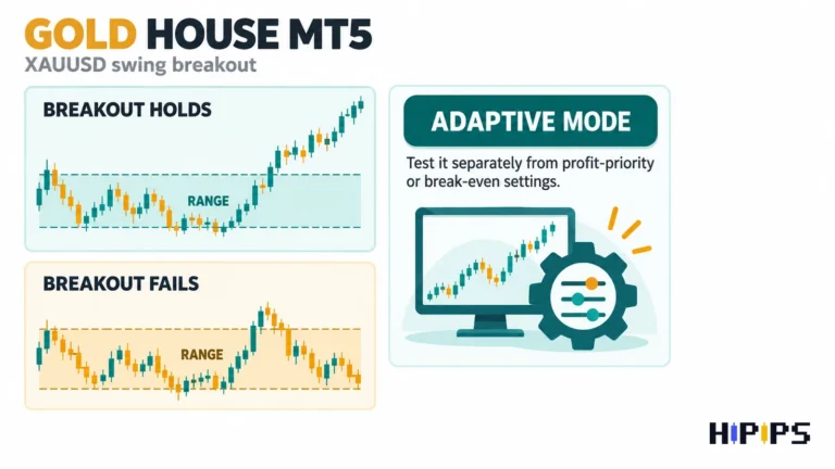 Gold House MT5 swing breakout on XAUUSD: a breakout that holds, a breakout that falls back into the range, and the adaptive mode