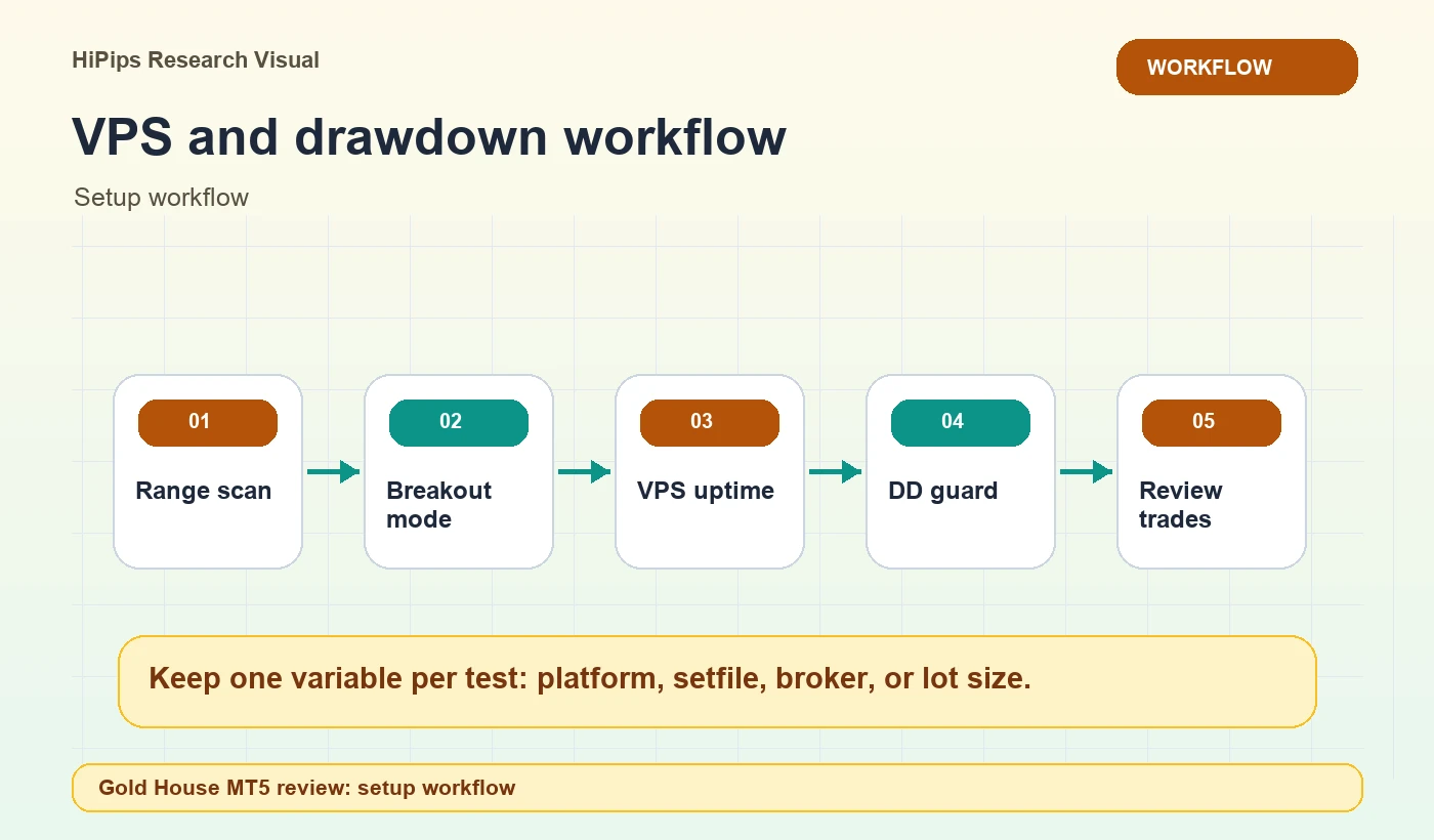 VPS and drawdown workflow for Gold House MT5 review: setup workflow