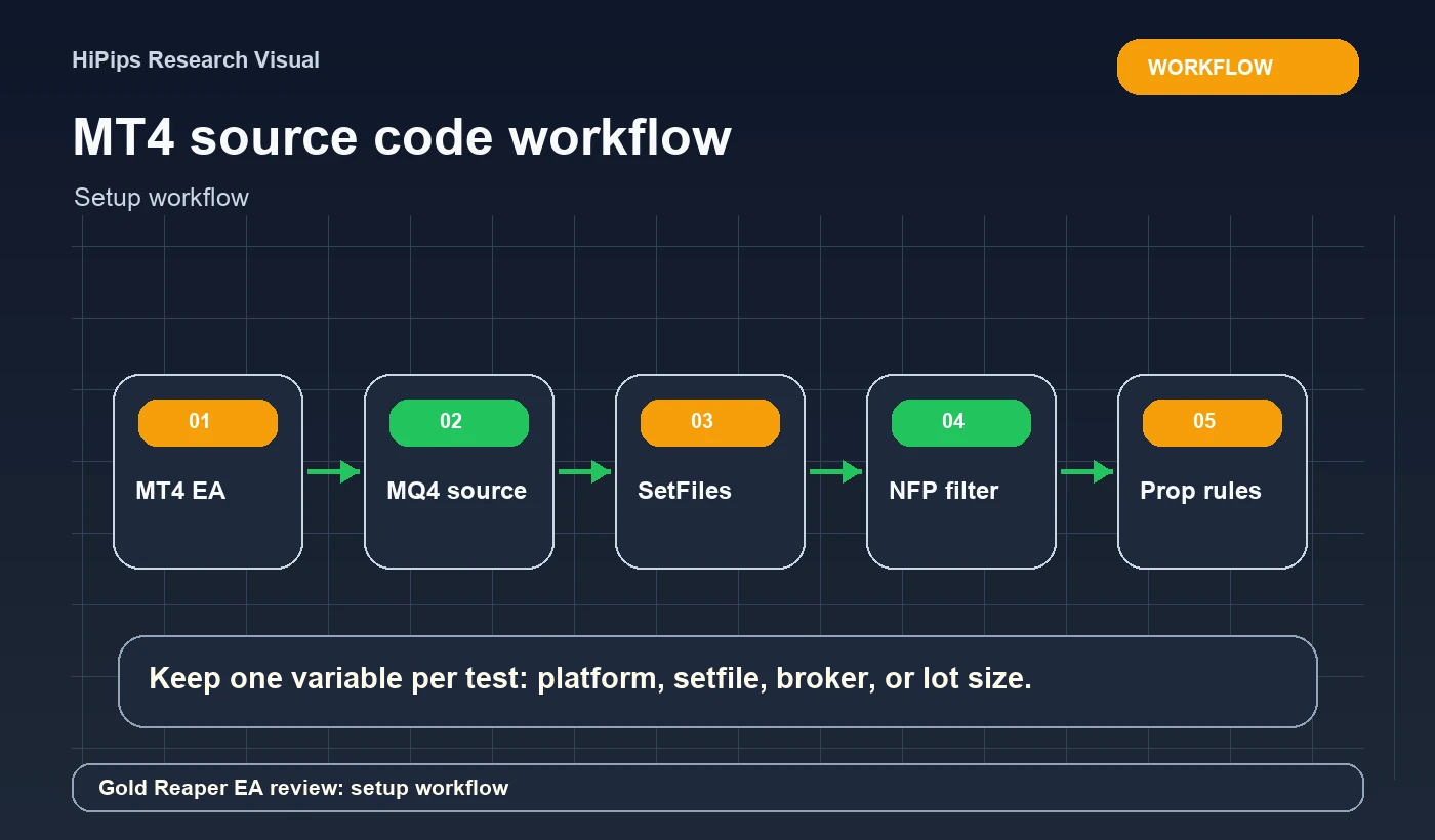 MT4 source code workflow for Gold Reaper EA review: setup workflow
