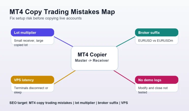 MT4 copy trading mistakes map for lot multiplier broker suffix VPS and demo logs