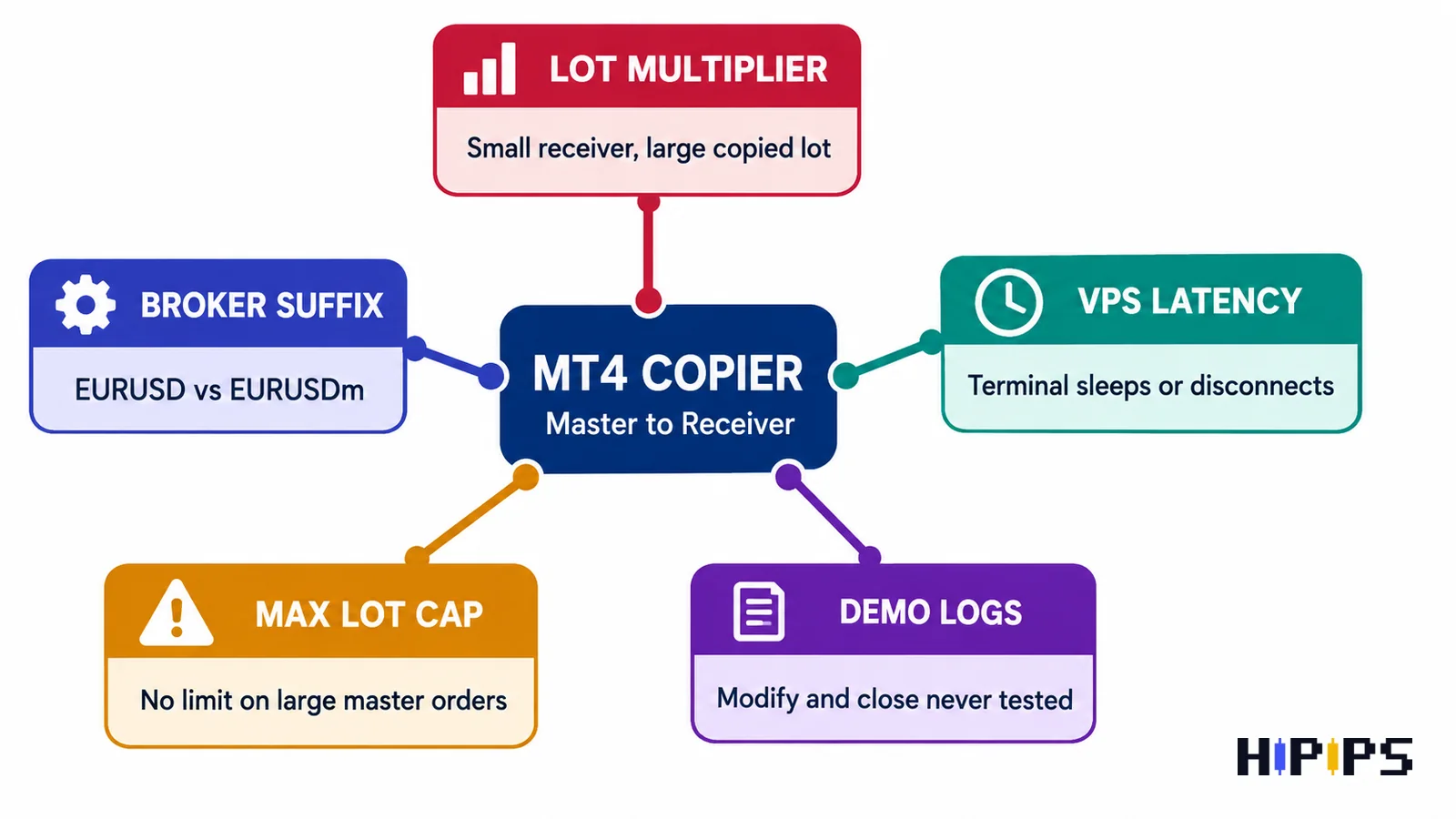 MT4 copy trading mistakes: lot multiplier, broker suffix, VPS latency, missing max lot cap and untested demo logs around a master-to-receiver copier