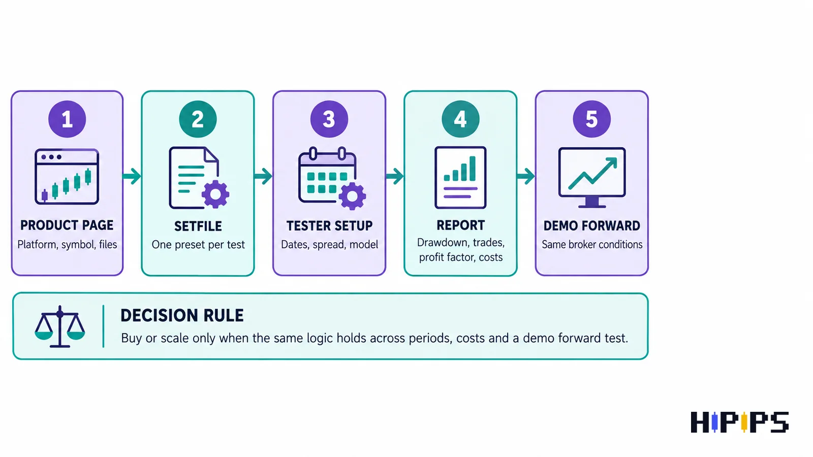MT4 and MT5 EA testing workflow in five steps: product page, setfile, tester setup, report and demo forward test