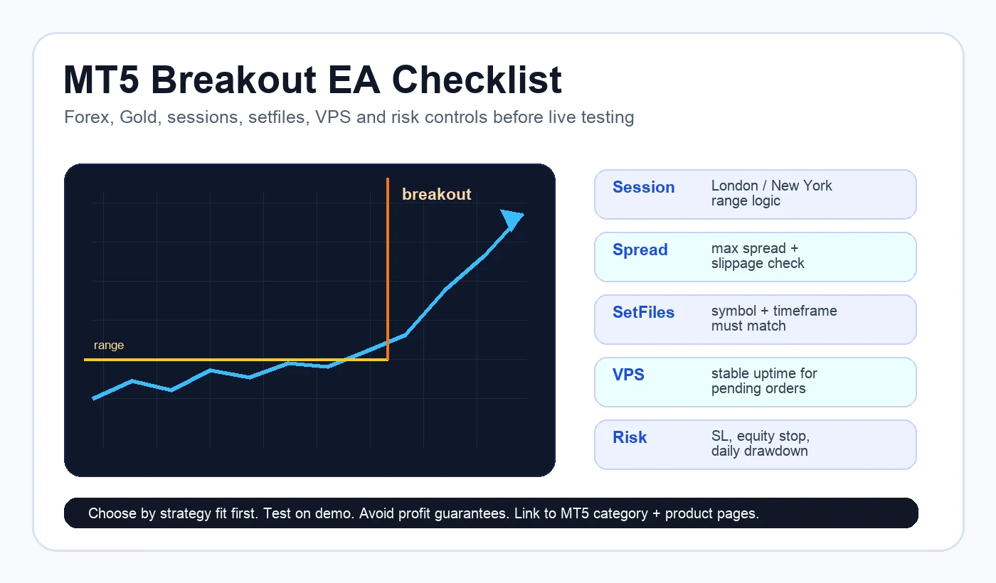 MT5 breakout EA checklist infographic for forex, gold, session filters, spread, VPS, and risk controls