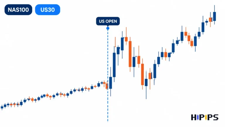 NAS100 and US30 index chart with a volatility spike at the US session open