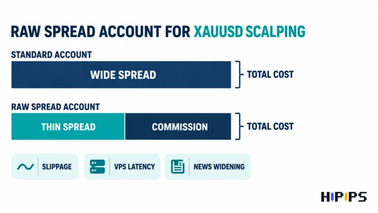 Standard versus raw spread account for XAUUSD scalping: thin spread plus commission, with slippage, VPS latency and news widening