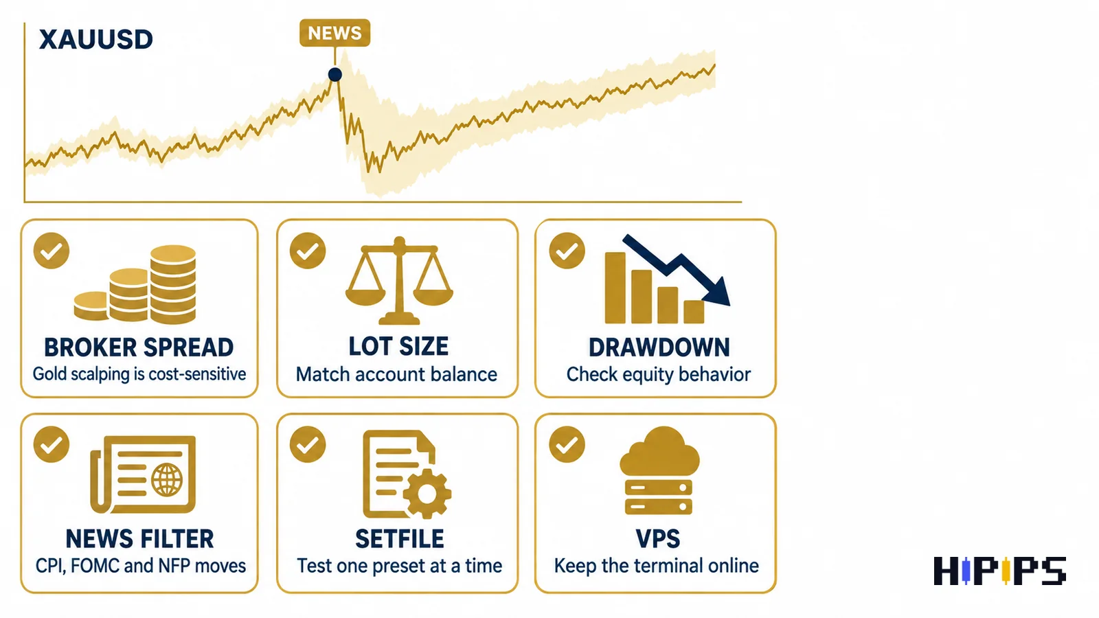 Gold EA risk checklist: broker spread, lot size, drawdown, news filter, setfile and VPS