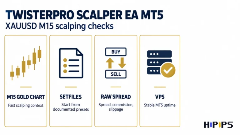 TwisterPro Scalper EA MT5 checklist for XAUUSD M15 scalping: setfiles, raw spread account costs and stable VPS uptime