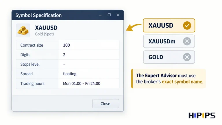 MetaTrader 5 symbol specification for XAUUSD with contract size, digits and stops level, and broker symbol names XAUUSD, XAUUSDm and GOLD