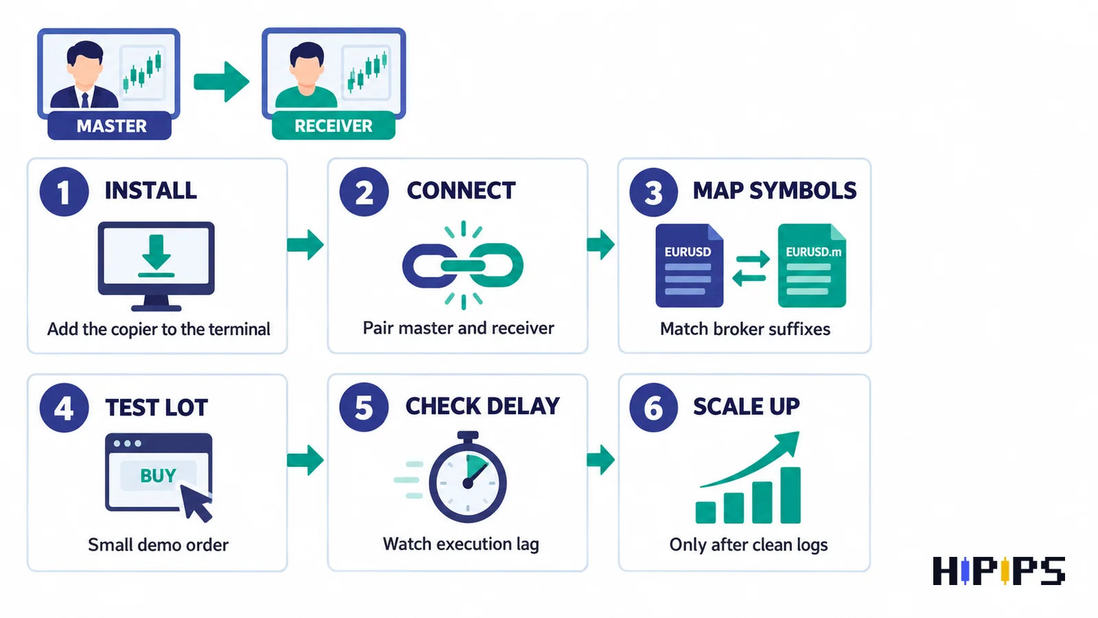 Six-step MT4 account copier buying checklist: install, connect, map symbols, test lot size, check delay, then scale up
