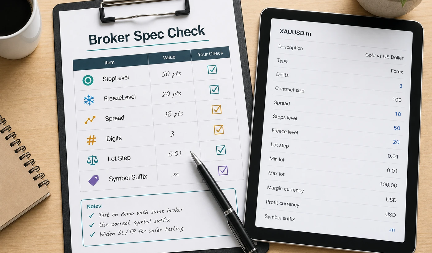 Broker specification checklist for StopLevel FreezeLevel spread digits lot step and symbol suffix