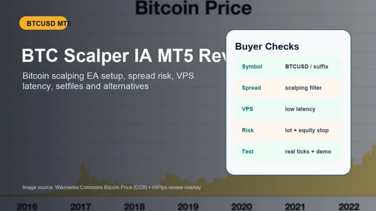 BTC Scalper IA MT5 review with Bitcoin trading chart and MT5 EA setup checks