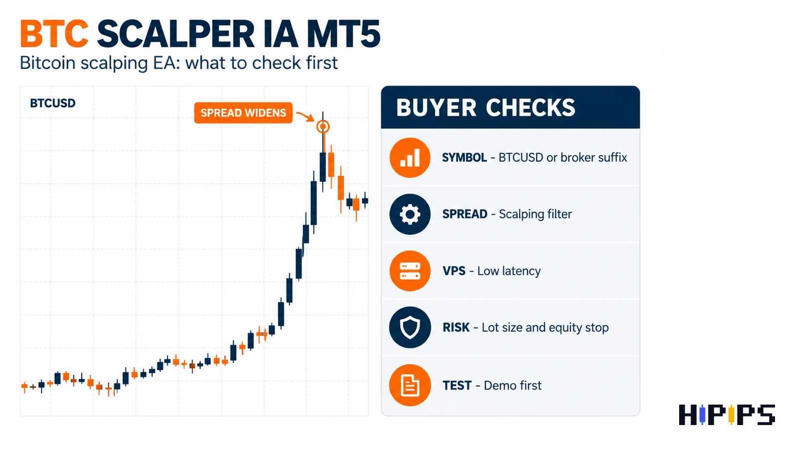 BTC Scalper IA MT5 review: BTCUSD chart with a fast move and buyer checks for symbol, spread, VPS latency, risk and testing
