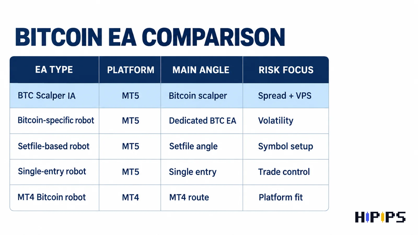 Bitcoin EA comparison checklist: BTC Scalper IA MT5 against other Bitcoin robot types by platform, angle and risk check
