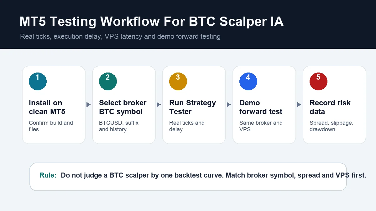 MT5 Bitcoin scalper EA testing workflow for spread slippage and VPS latency