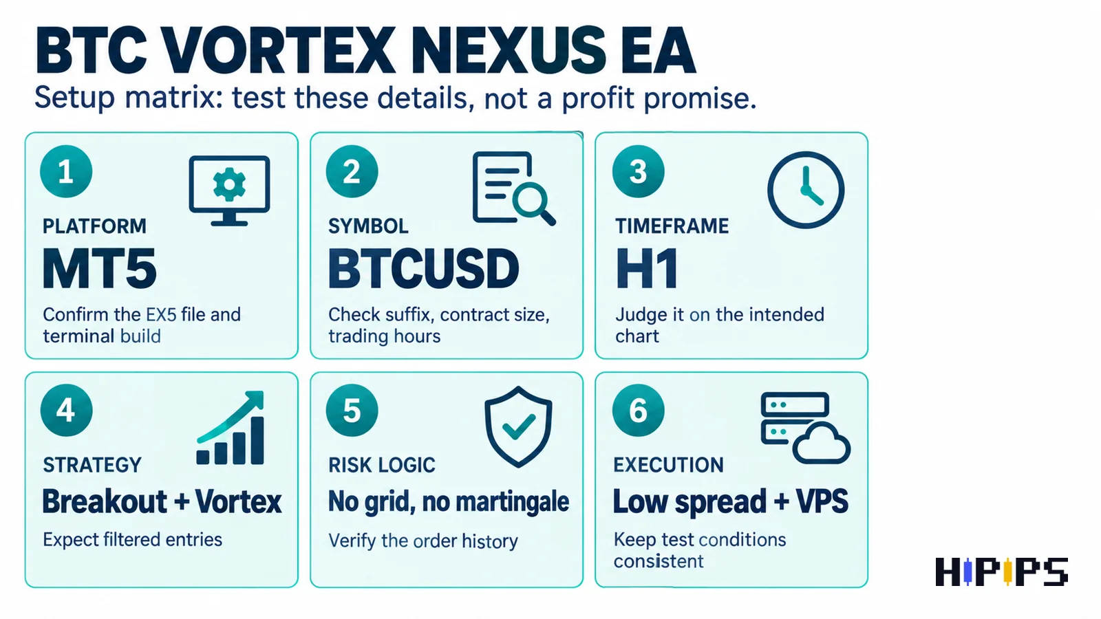 BTC Vortex Nexus EA MT5 setup matrix: platform, BTCUSD symbol, H1 timeframe, breakout strategy, no grid or martingale, and execution