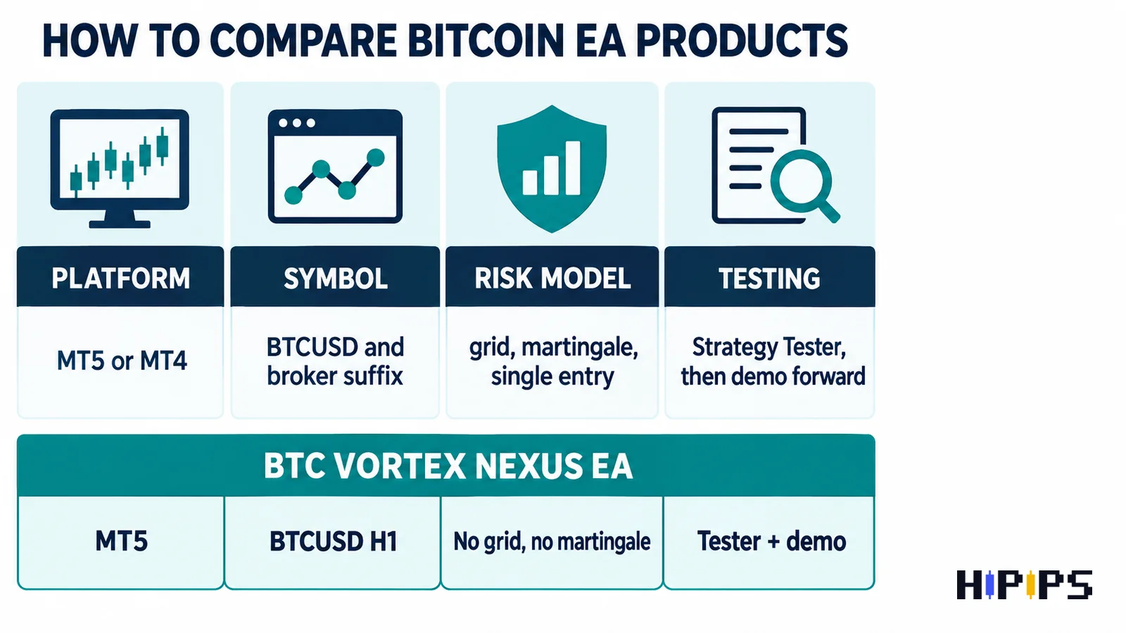 How to compare Bitcoin EAs by platform, symbol, risk model and testing workflow, with BTC Vortex Nexus EA as the example