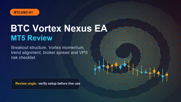 BTC Vortex Nexus EA review visual for BTCUSD H1 MT5 breakout robot