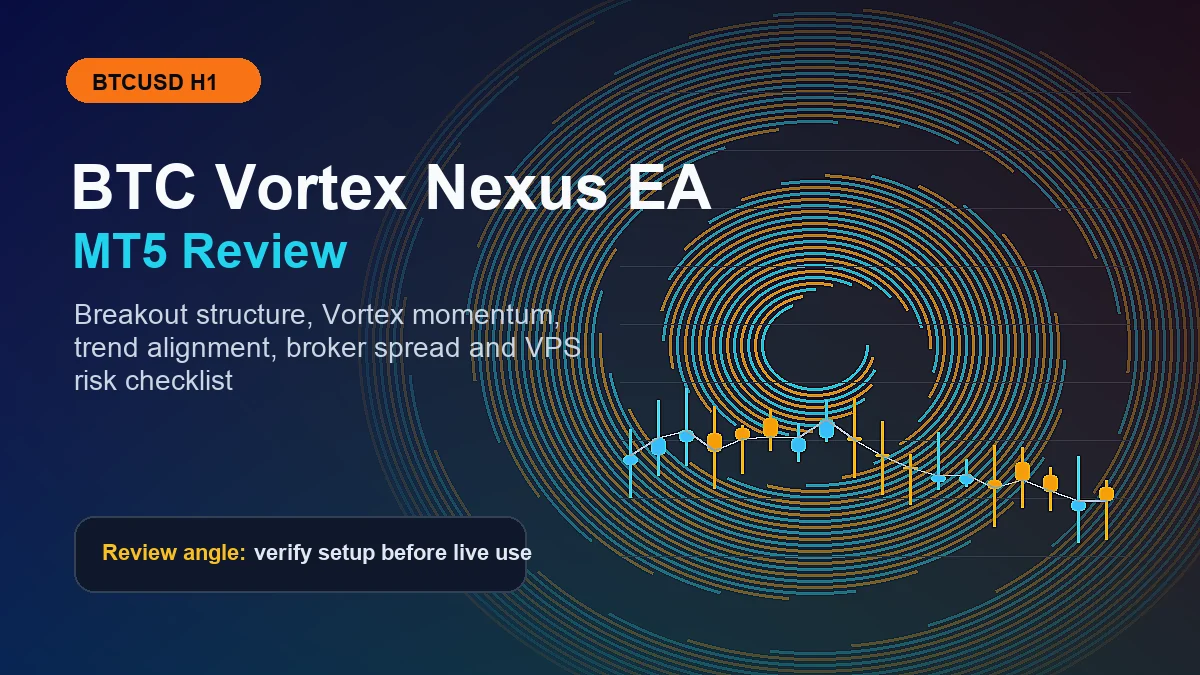 BTC Vortex Nexus EA review visual for BTCUSD H1 MT5 breakout robot