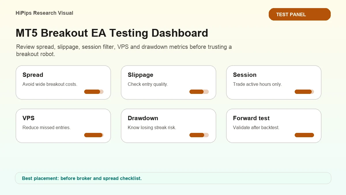 MT5 breakout EA testing dashboard for spread slippage session filter VPS and drawdown