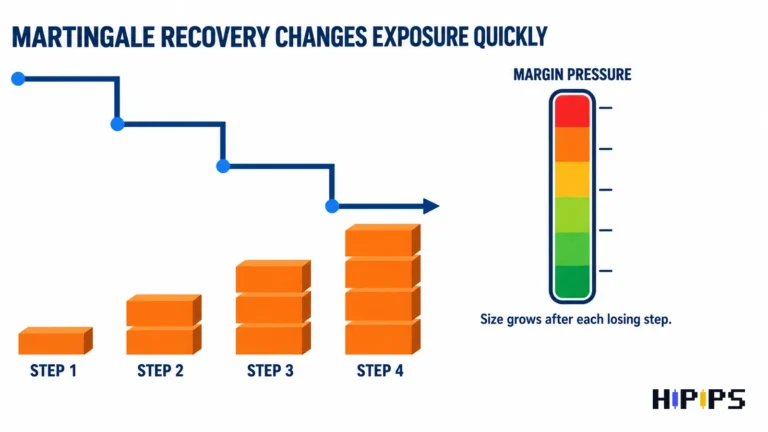 Martingale recovery: position blocks grow taller at every losing step while a margin pressure gauge rises