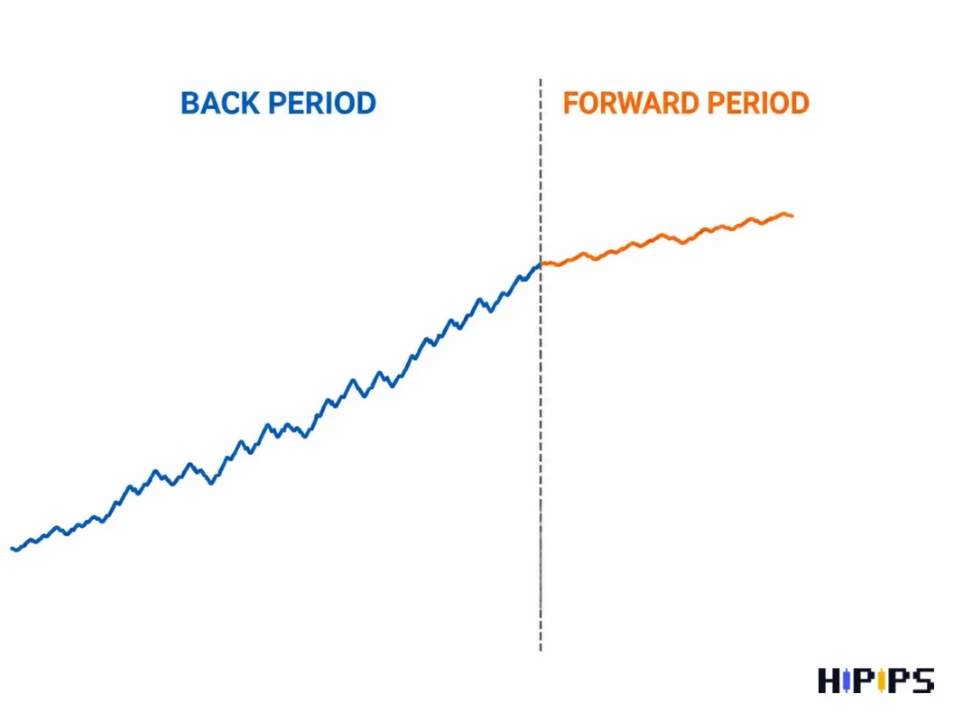 MT5 backtest equity curve split into a back period and a forward period, with the forward third showing the result on data the settings did not use