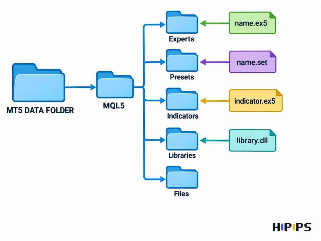 map of the MetaTrader 5 data folder showing where the ex5 Expert Advisor, set file, indicator and library files go