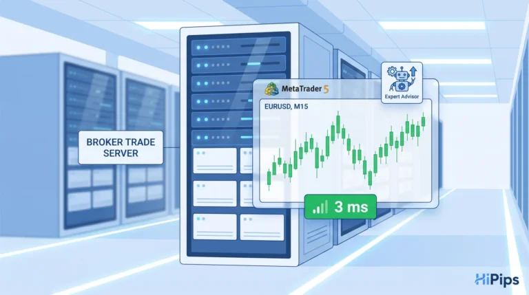 MetaTrader 5 terminal running an Expert Advisor on a Windows server rack in a data centre next to a broker trade server