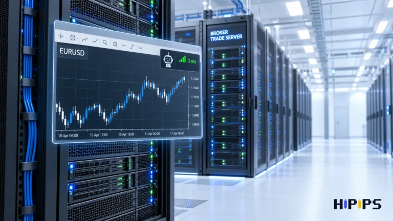 MetaTrader 5 terminal running an Expert Advisor on a Windows server rack in a data centre next to a broker trade server