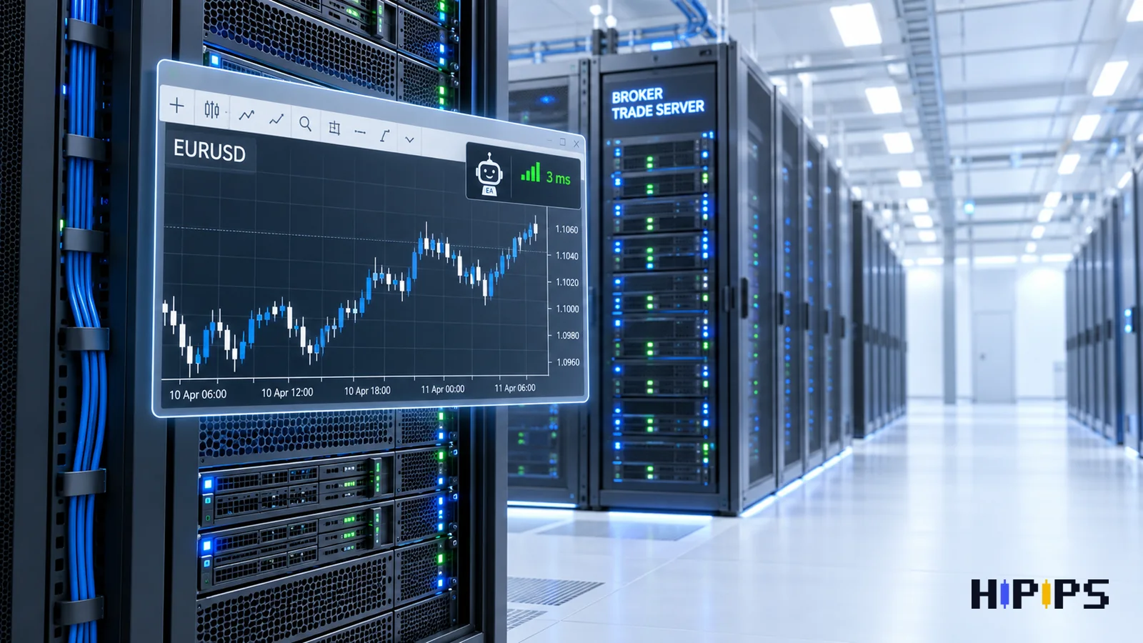 MetaTrader 5 terminal running an Expert Advisor on a Windows server rack in a data centre next to a broker trade server