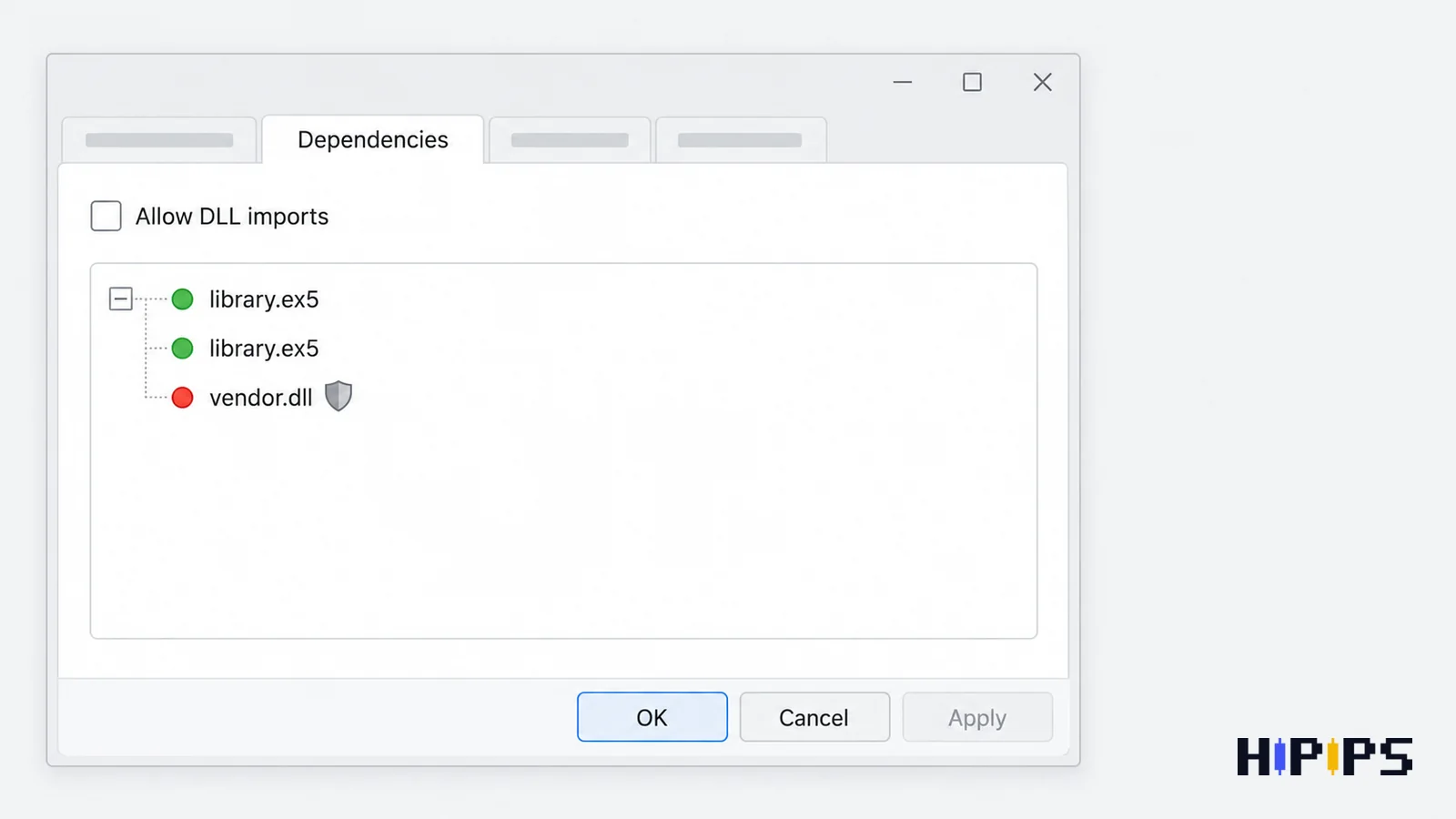 Expert Advisor dependency tree in MetaTrader 5 with green MQL5 library calls and a red DLL function call next to the Allow DLL imports checkbox