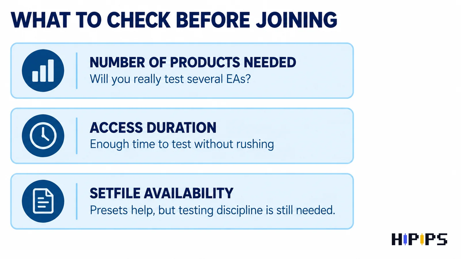 Membership checklist: number of products needed, access duration and setfile availability