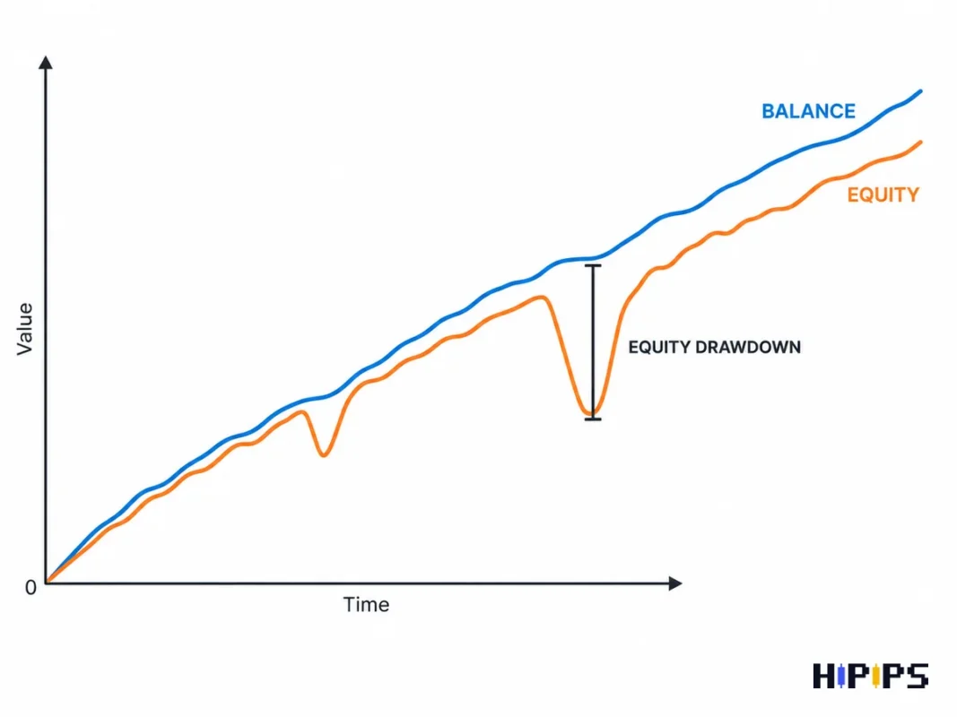 chart comparing a smooth balance curve with a deeper equity curve during open grid positions of an Expert Advisor