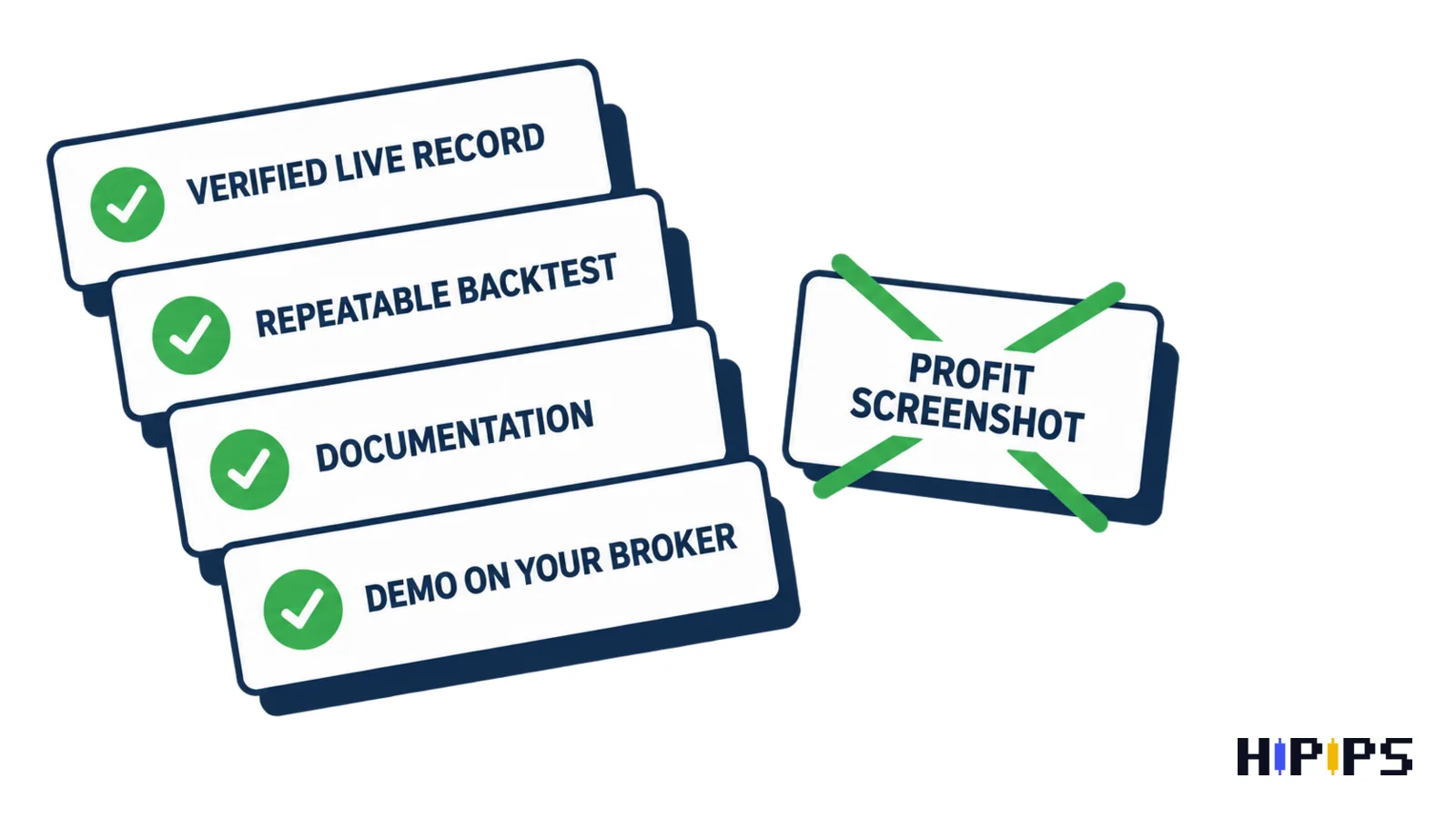four stacked evidence cards for a trading robot: verified live record, repeatable backtest, vendor documentation and demo run on your broker