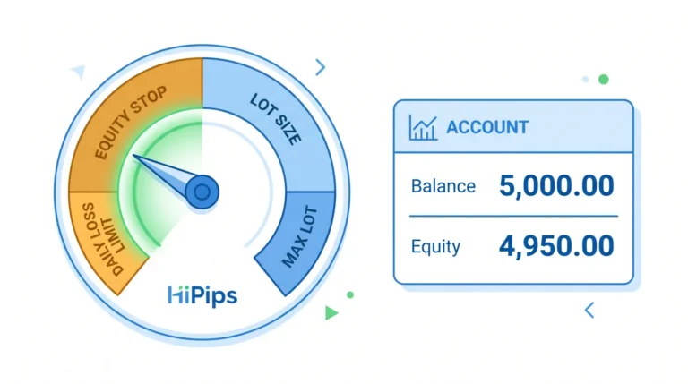 exposure dial with lot size, maximum lot, daily loss limit and equity stop settings guarding a MetaTrader account balance