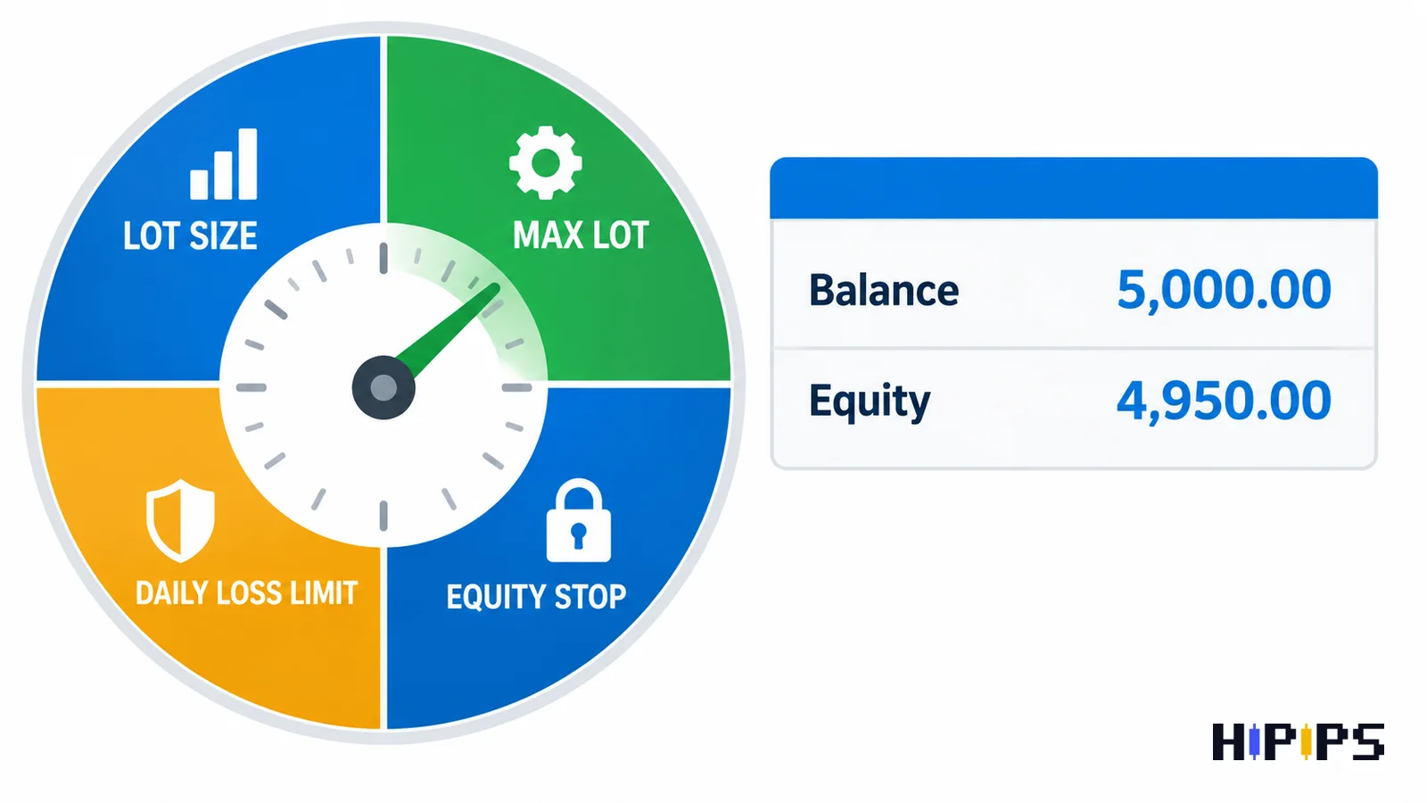 exposure dial with lot size, maximum lot, daily loss limit and equity stop settings guarding a MetaTrader account balance