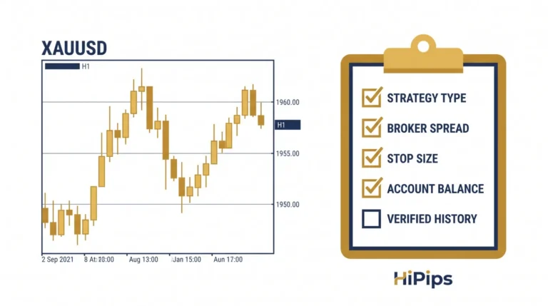 gold price chart on MetaTrader with a five-point checklist for an automated XAUUSD strategy: strategy type, broker spread, stop size, balance and verified history