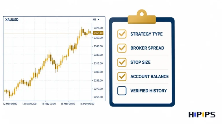 gold price chart on MetaTrader with a five-point checklist for an automated XAUUSD strategy: strategy type, broker spread, stop size, balance and verified history