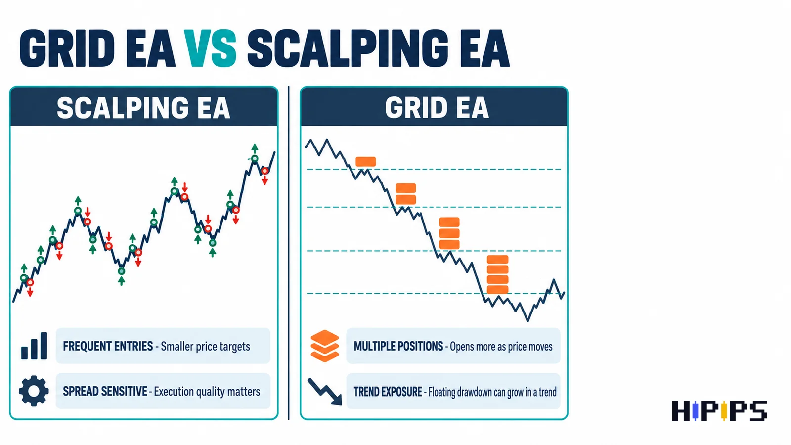 Grid EA versus scalping EA: frequent small trades sensitive to spread against stacked grid positions that build exposure in a trend