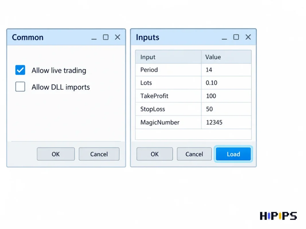 MT4 Expert Advisor properties window with Allow live trading ticked in the Common tab and the Load button of the Inputs tab highlighted