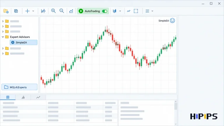 MetaTrader 4 window with the data folder open, the Expert Advisor in the Navigator and a smiley icon in the upper right corner of the chart