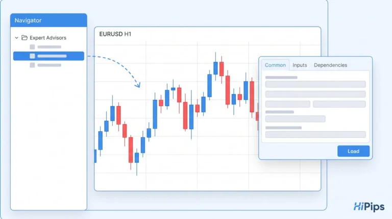 Expert Advisor dragged from the MetaTrader 5 Navigator onto a EURUSD H1 chart with the Inputs tab and Load button visible