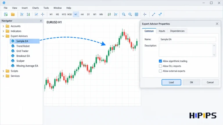Expert Advisor dragged from the MetaTrader 5 Navigator onto a EURUSD H1 chart with the Inputs tab and Load button visible