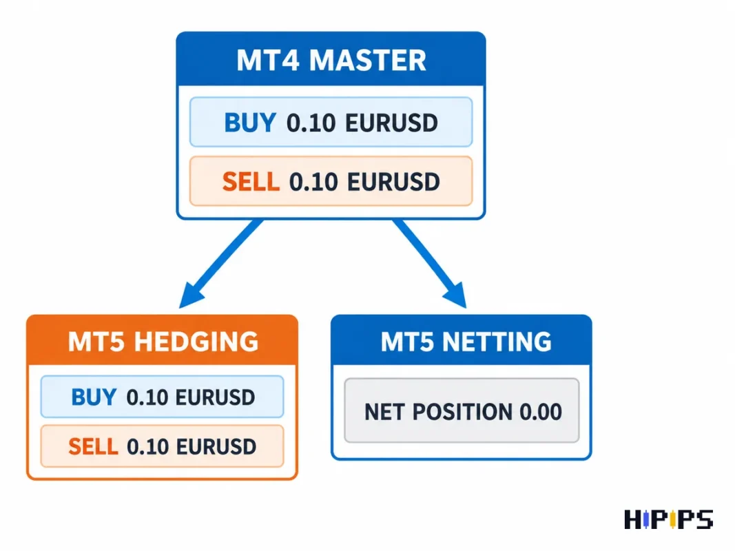 comparison of an MT4 master buy and sell order copied to an MT5 hedging account as two positions and to an MT5 netting account as no position