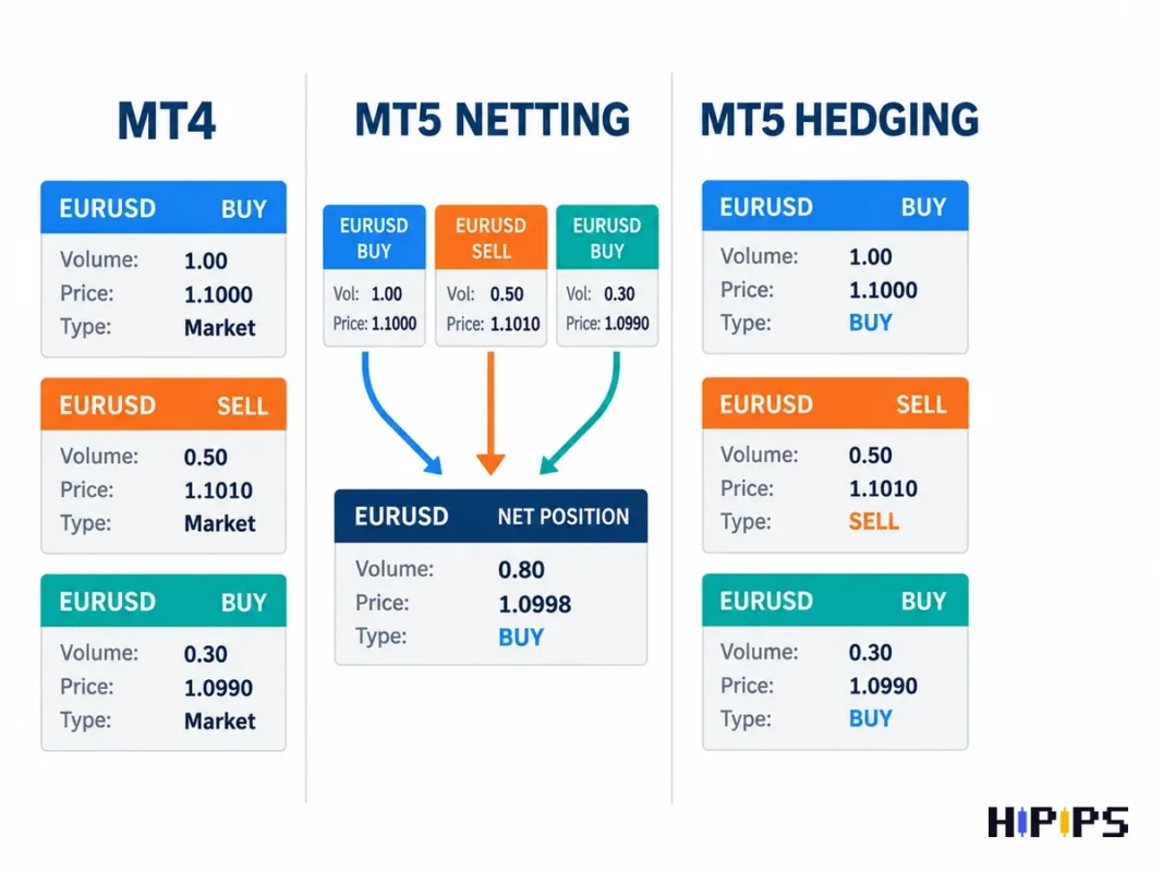 diagram comparing MT4 separate orders with MT5 netting, where trades merge into one position, and MT5 hedging, where trades stay separate positions