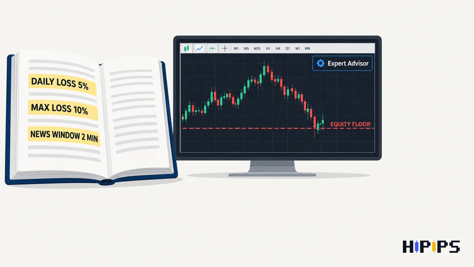funded account rulebook with daily loss, maximum loss and news window limits next to a MetaTrader terminal running an Expert Advisor